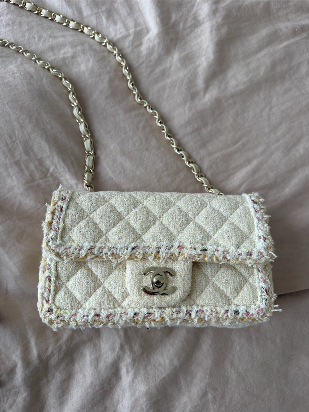 Chanel Cream Tweed Quilted Shoulder Bag